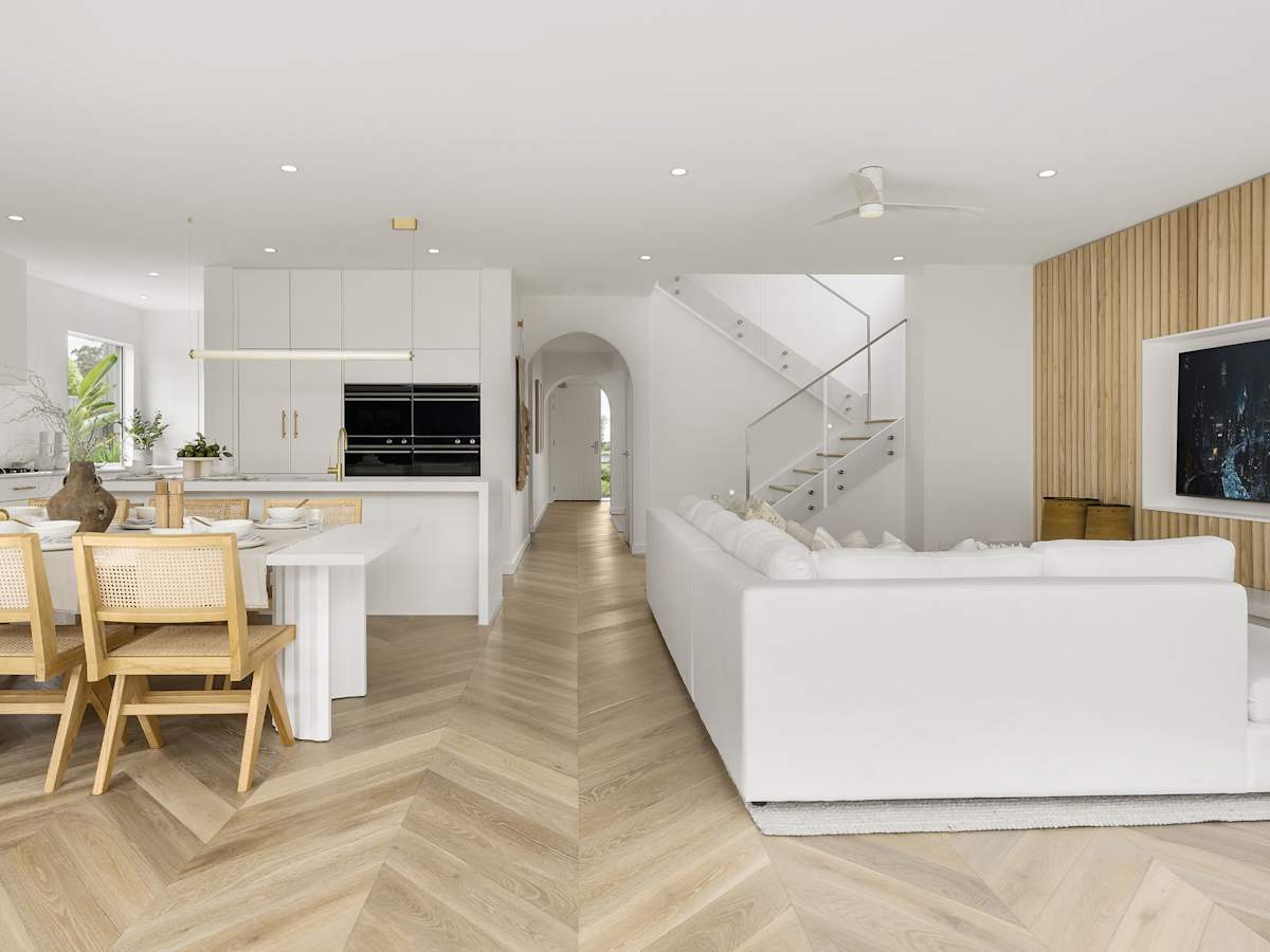 Panorama 33 House Design Kitchen Living Stairwell in Coastal Style
