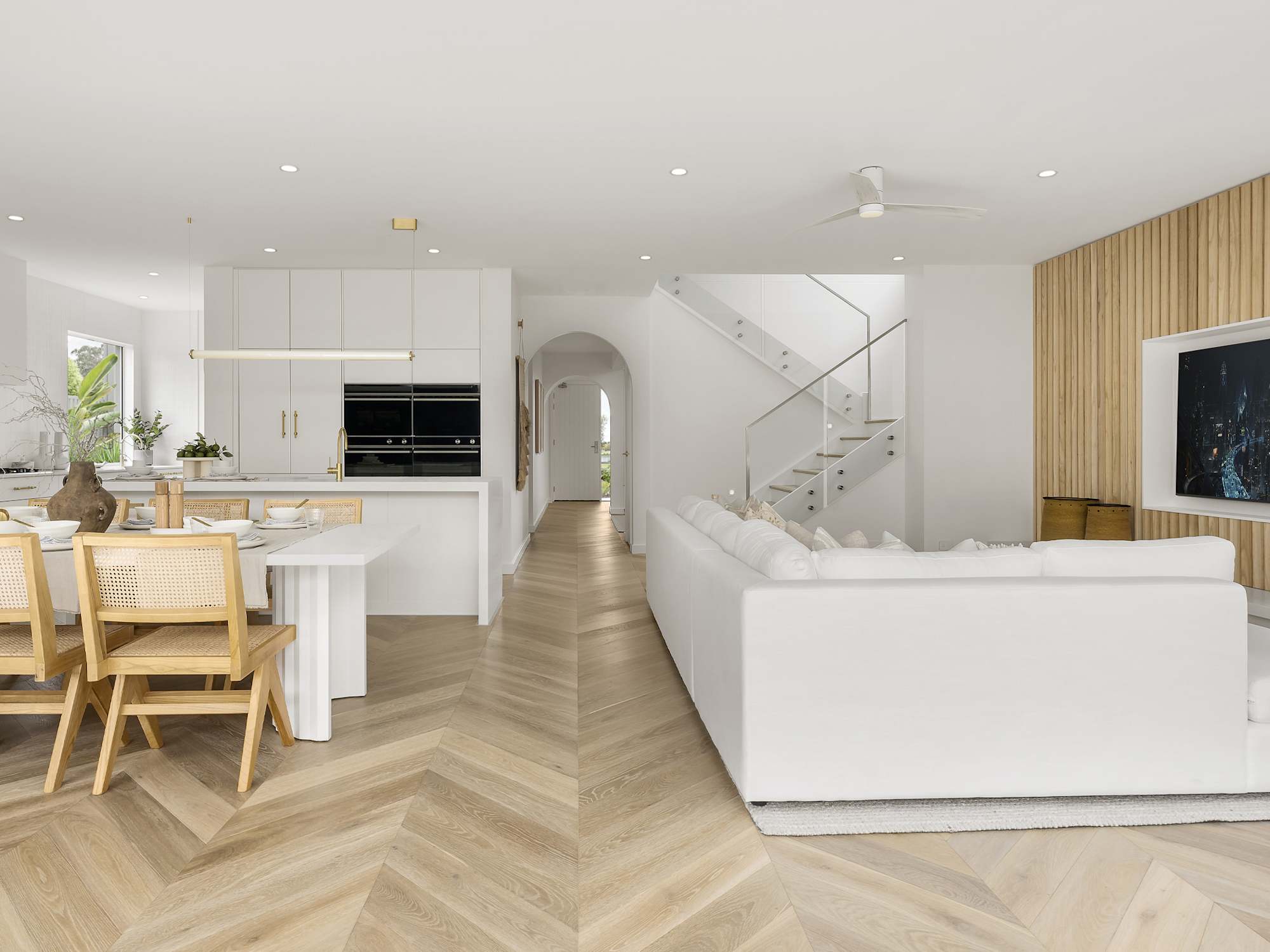 Panorama 33 House Design Kitchen Living Stairwell in Coastal Style